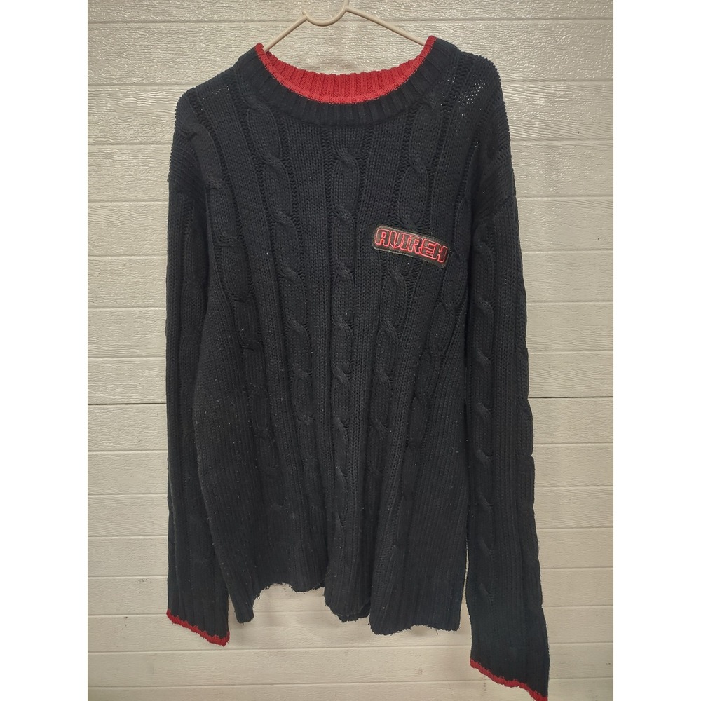 Vintage Y2K Avirex Mens XL Cable Knit Sweater Black Red Hem Logo Patch Pullover